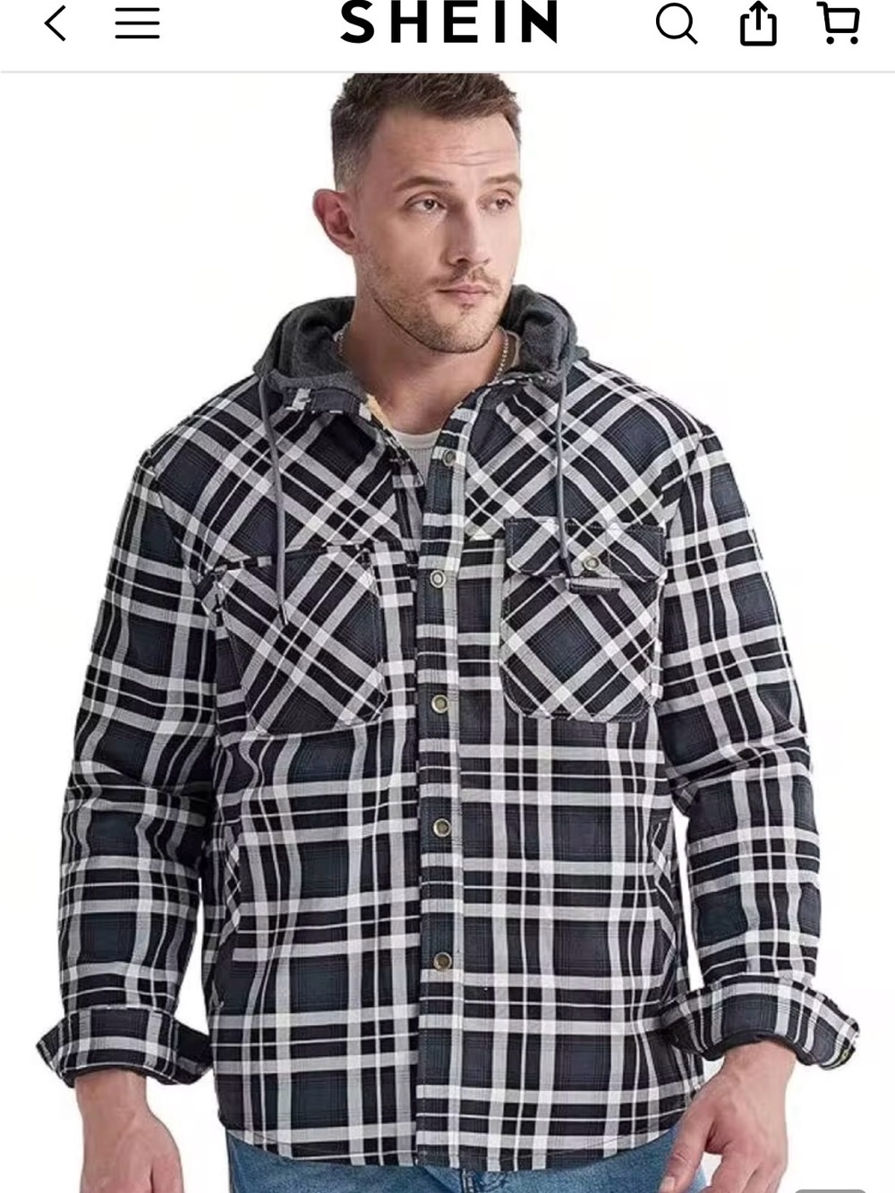SHEIN Black & White Plaid Hooded Button-Up Shirt Jacket
